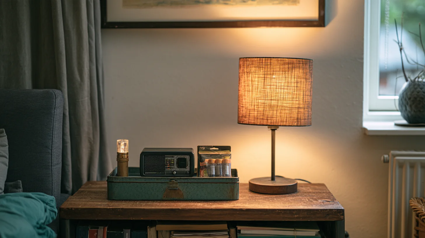En lygte, en lille radio og en uåbnet pakke batterier i en kasse på et bord ved en lampe.