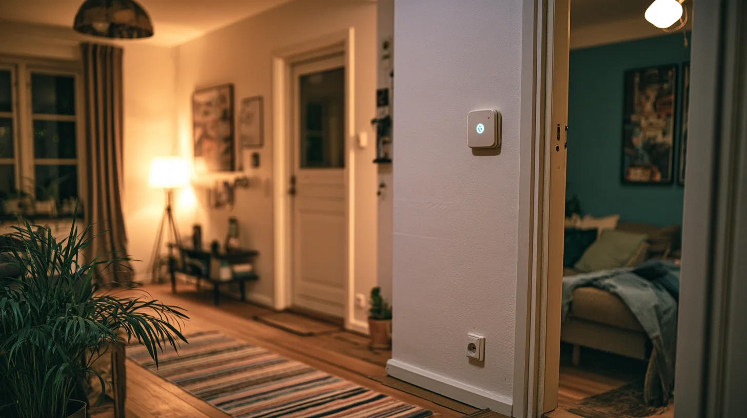 En lille hvid kuliltealarm på væggen i en gang, ved døren til soveværelset.