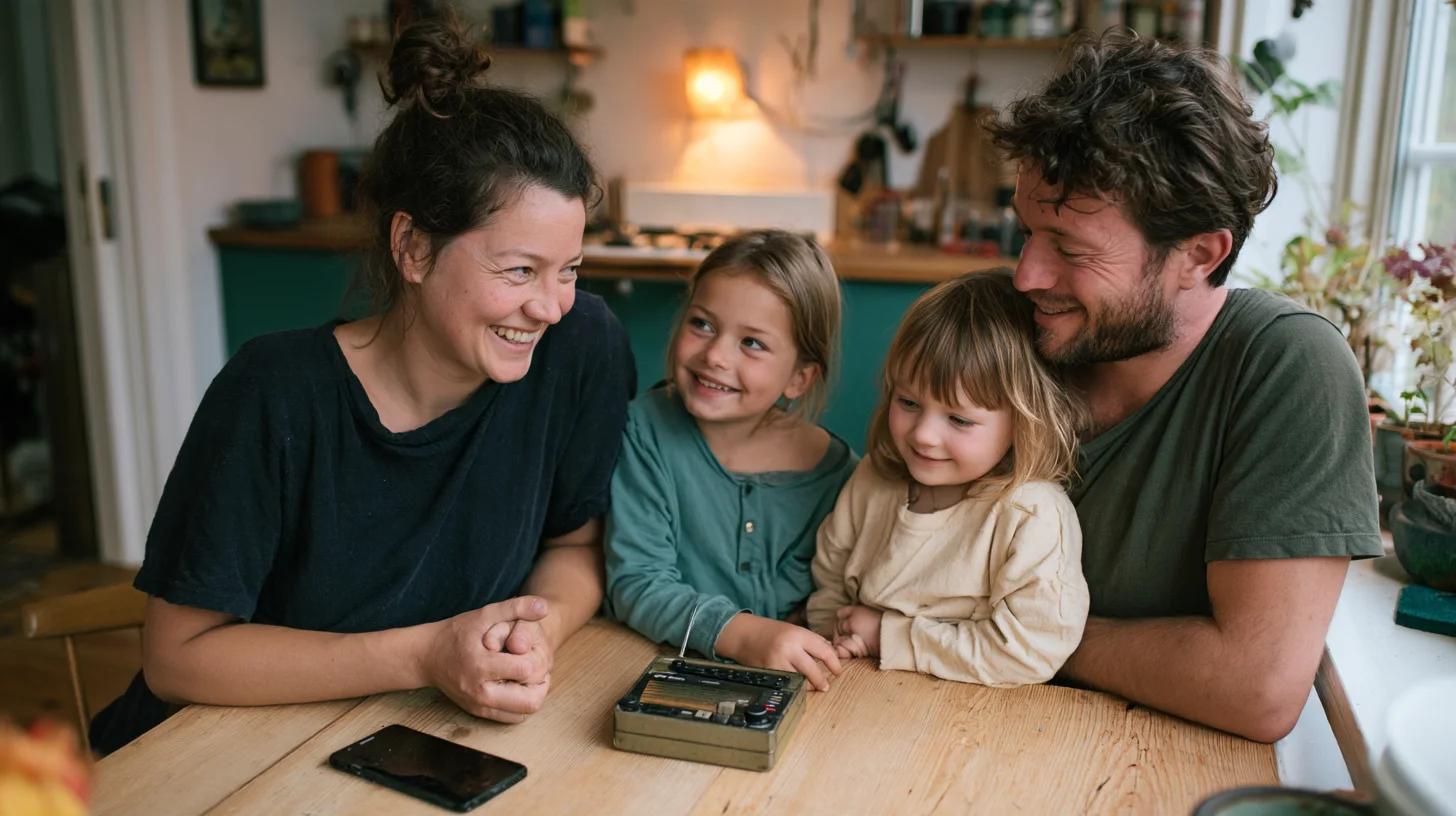 En familie samlet om en lille radio ved køkkenbordet, med en mobiltelefon ved siden af.